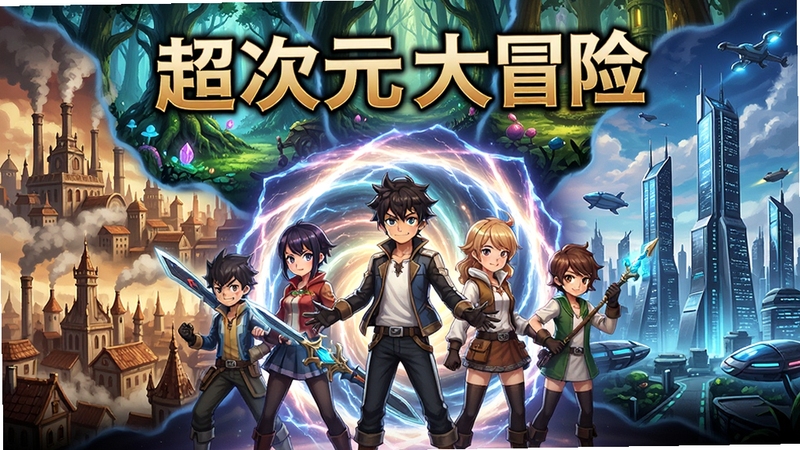 超次元大冒险游戏宣传图,画面中央是主角团站在时空裂隙前,背后是多个风格迥异的次元世界缩影,如蒸汽城市、魔法森林和未来都市,整体色彩明亮,角色采用日系动漫风格,构图大气,背景细节丰富,适合作为游戏官网头图
