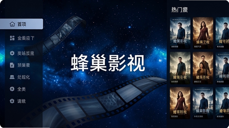 蜂巢影视TV主界面预览图,画面中央显示软件名称,背景为深蓝色星空与影视胶片元素,左侧为分类导航栏,右侧为热门影片海报墙,整体风格现代简洁,高清渲染