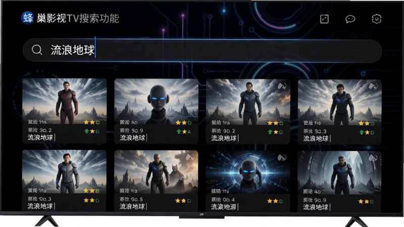蜂巢影视TV搜索功能演示图,画面显示智能电视屏幕上的搜索界面,输入框内输入