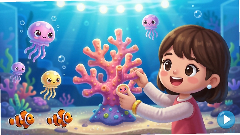 开心水族箱装扮界面,玩家正在摆放一个粉色珊瑚树到水族箱中,周围有彩色水母和小丑鱼游动,背景是明亮的海底灯光,画面温馨可爱,体现自由装扮的乐趣