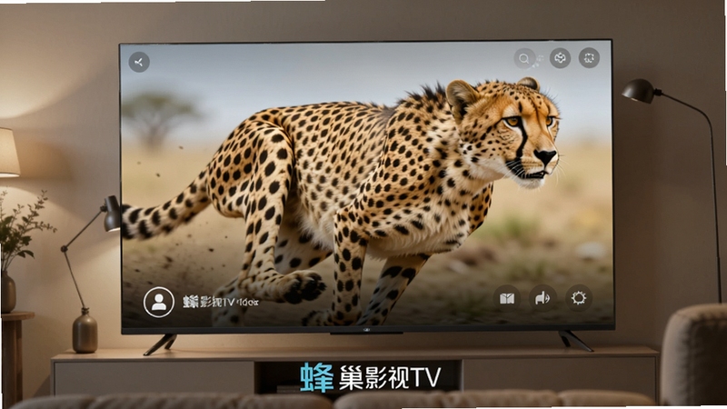 蜂巢影视TV播放画面效果图,画面为客厅中一台大屏电视正在播放高清自然纪录片,画面中一只猎豹奔跑,毛发细节清晰可见,电视下方摆放着蜂巢影视TV的logo,整体光线柔和,画质细腻