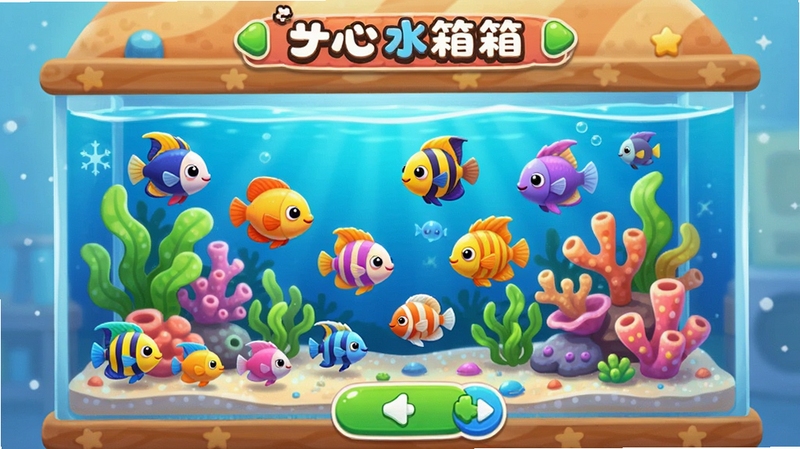 开心水族箱游戏主界面预览图,展示一个装饰精美的水族箱,内有多种彩色热带鱼、水草和珊瑚,画面明亮清晰,UI布局合理,整体风格Q萌治愈,适合作为游戏宣传图