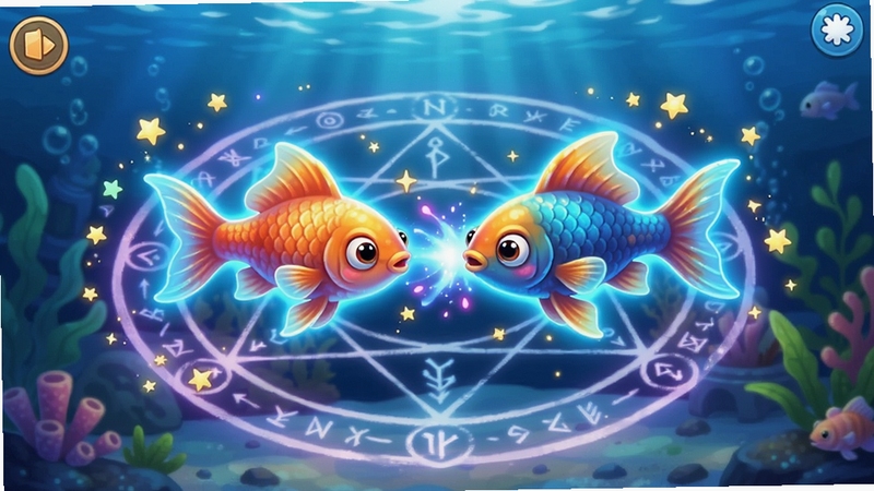 开心水族箱游戏截图,展示鱼种融合界面,两条发光的小鱼在魔法阵中融合成一条新鱼,周围有星光特效,背景是水族箱的蓝色水域,画面绚丽,突出融合玩法的神奇感