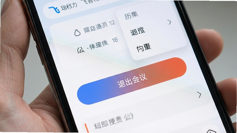 飞书会议室手机端操作界面图,展示退出会议按钮和菜单选项,画面聚焦于手机屏幕,界面清晰,操作按钮醒目,背景简洁,强调用户操作的便捷性
