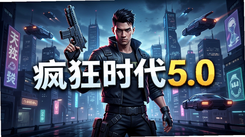 疯狂时代5.0游戏主视觉图,展示未来都市背景与主角持枪站立,背景有霓虹灯光与飞行器,画面中央构图,细节丰富,游戏宣传海报风格