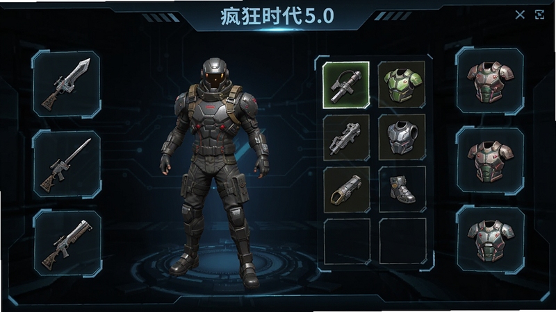 疯狂时代5.0角色装备界面,显示角色模型与装备栏,周围有各种武器和装甲图标,UI设计科技感强,背景为暗色系