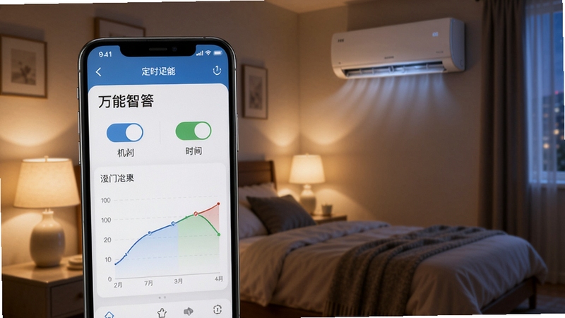 手机连接空调万能遥控软件定时功能界面,智能手机屏幕显示定时设置面板,有开关机时间选项和温度曲线图表,背景为卧室夜晚场景,灯光柔和,空调在墙壁上运行,画面温馨,突出软件智能化和人性化设计,采用写实风格,光影效果细腻
