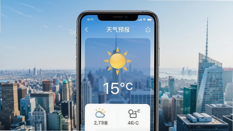 天气预报气象播报手机应用主界面预览图,画面中央显示当日晴朗天气与温度,背景为城市天际线,整体风格清新简洁,UI设计现代,突出实时天气数据展示