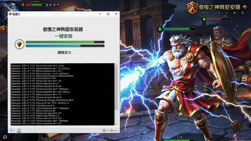 宙斯:傲慢之神韩服安装器一键安装界面,电脑屏幕显示部署进度条与日志信息,背景为游戏战斗场景,角色释放闪电技能,画面动感,色彩明亮