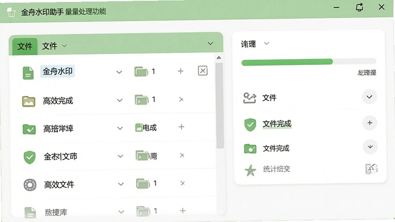 金舟水印助手批量处理功能界面截图,显示文件列表、进度条以及处理完成的文件数量统计,界面采用卡片式设计,图标清晰,颜色以浅绿和白色为主,传递高效便捷的感受