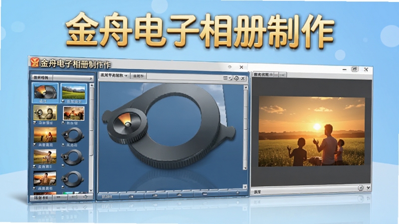 金舟电子相册制作软件主界面预览图,画面中央是软件操作台,左侧为素材列表,右侧为预览窗口,背景为浅蓝色渐变,整体风格简洁明亮,突出软件名称金舟电子相册制作软件,采用3D渲染效果,高清细节展示,适合作为软件下载站首图