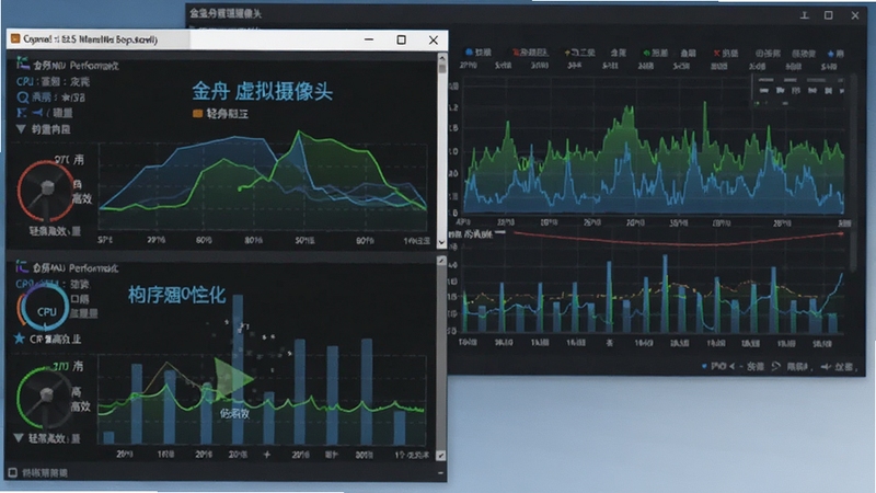 金舟虚拟摄像头性能优化示意图,显示软件运行时任务管理器CPU与内存占用率较低,背景为性能监控图表,突出其轻量高效的特点