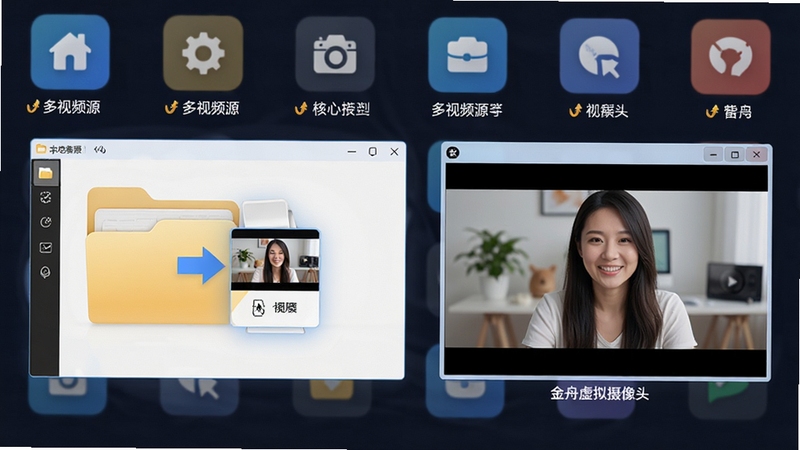 金舟虚拟摄像头功能展示图,画面中演示了从本地文件夹拖拽一个视频文件到软件界面的操作,同时右侧预览窗口显示视频画面,背景为功能图标排列,突出多视频源切换的核心功能
