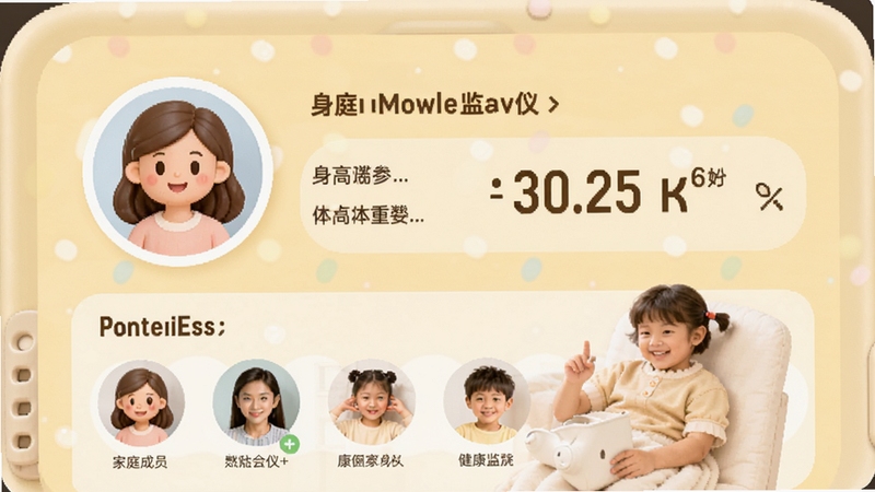 健康监测仪个人档案页面,显示用户头像与身高体重参数,下方有家庭成员列表,背景为淡黄色暖色调,界面圆润友好,适合家庭场景