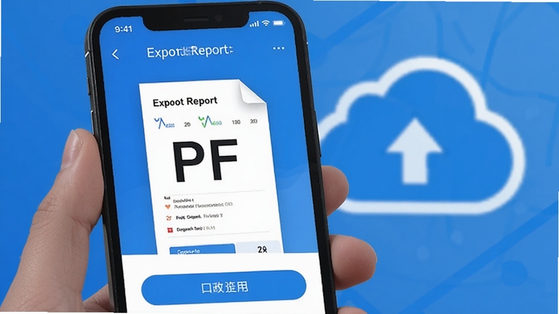 健康监测仪数据导出功能,手机屏幕显示导出报告样式的PDF文件,背景有云备份图标,色彩以蓝色为主,专业感强,清晰展示操作按钮