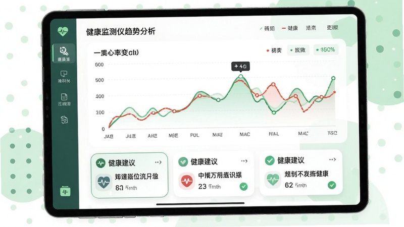 健康监测仪趋势分析界面,折线图展示一周心率变化,下方有健康建议卡片,背景为白色配浅绿色点缀,图表清晰,文字可读性强,现代扁平化设计
