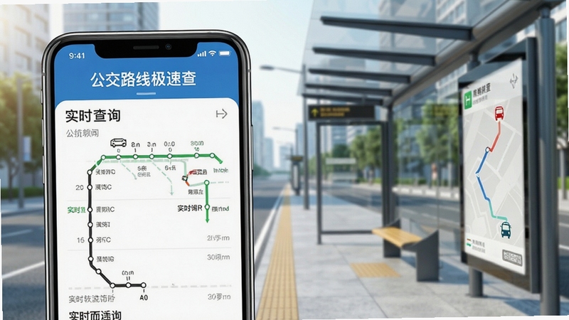 公交路线极速查软件主界面展示,手机屏幕显示线路查询结果与实时车辆位置,背景为现代城市公交站台,画面清晰明亮,突出软件名称与核心功能