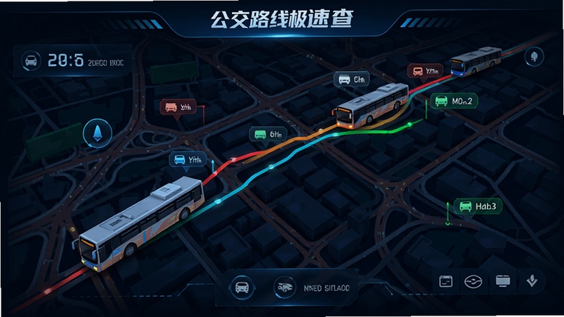 公交路线极速查实时车辆位置功能界面,地图上显示多辆公交车的动态位置,界面带有车辆图标与线路颜色标识,背景为城市道路网络,整体风格科技感十足