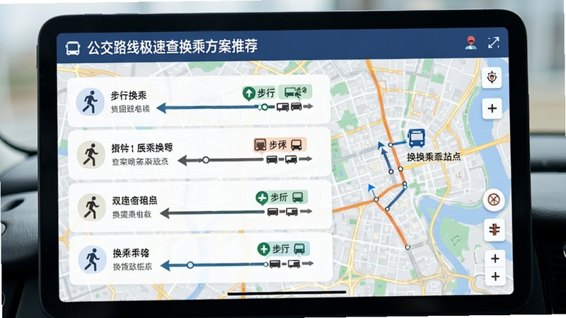 公交路线极速查换乘方案推荐界面,屏幕上列出多条换乘路线对比,包含步行导航箭头与换乘站点标注,背景为城市地图,整体设计简洁直观