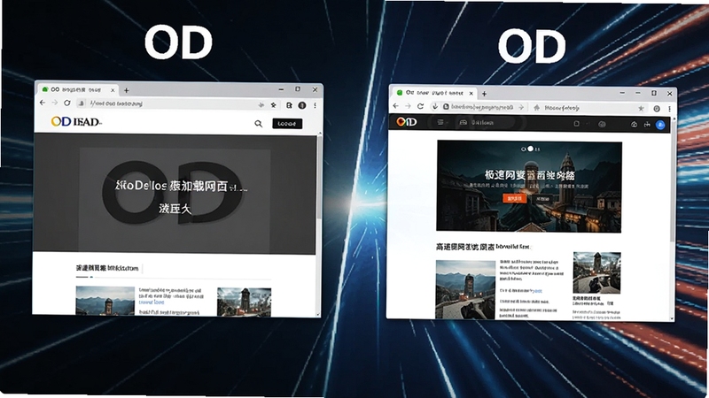 OD浏览器极速加载网页的对比场景图,左侧显示一个加载缓慢的普通浏览器界面,右侧为OD浏览器已完整展示高清图片和文字内容,背景采用动感的速度线条特效,突出其高速渲染能力