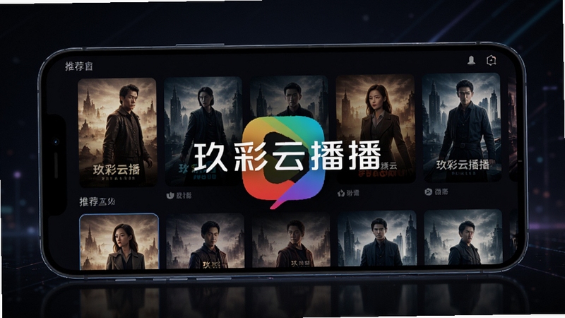 玖彩云播主界面预览图,展示软件首页推荐列表,背景为深色系,主体为手机屏幕显示高清电影封面,画面中央显示玖彩云播logo,整体风格科技感与时尚感并存,光线柔和,细节丰富,适合作为软件介绍首图。