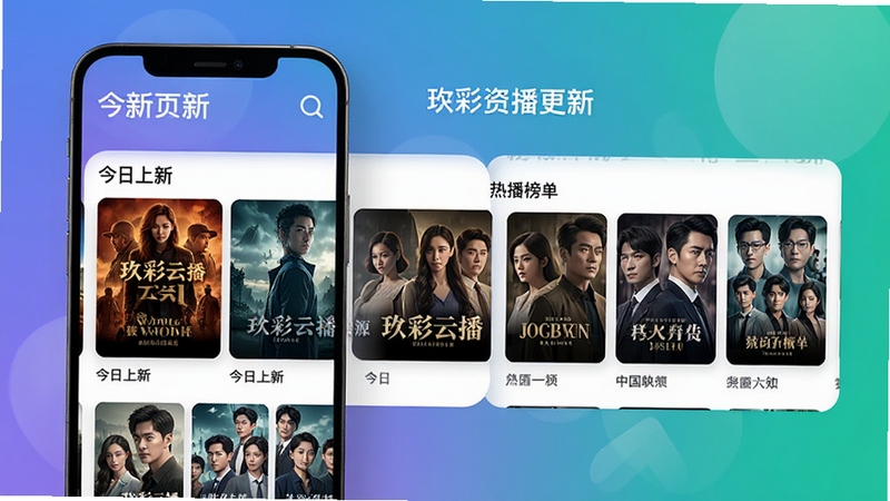 玖彩云播资源更新页面预览图,展示今日上新和热播榜单模块,手机界面显示最新电影和剧集封面,背景为渐变色,整体设计现代感强,突出资源的丰富性和更新速度。