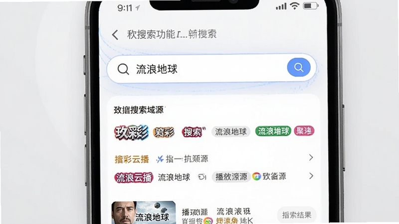 玖彩云播智能搜索功能展示图,画面中手机屏幕显示搜索“流浪地球”的聚合结果列表,包含多个播放源标签,背景为浅灰色,突出搜索框和结果列表,整体风格清晰明亮,强调搜索的高效性。