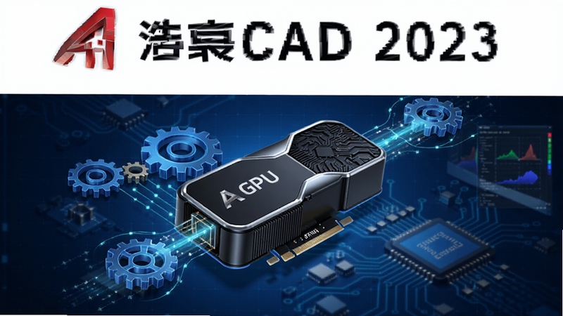 浩辰CAD 2023 硬件加速功能示意图,画面展示显卡GPU参与图形渲染的抽象过程,有齿轮和电路板元素,背景为科技蓝,体现高效流畅的绘图体验。