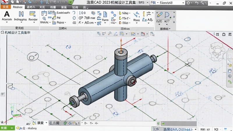 浩辰CAD 2023 机械设计工具集界面,展示轴测图与标注工具栏,包含粗糙度符号和尺寸公差示例,背景为图纸格栅,体现专业性和精准度。