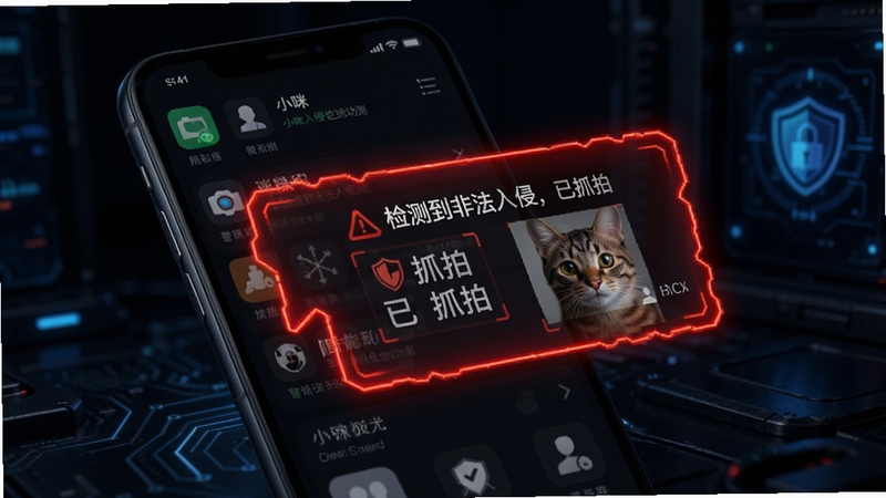 小咪隐私空间智能入侵检测功能示意图,画面展示手机屏幕上的应用界面,有一道红色警报框弹出,显示“检测到非法入侵,已抓拍”,背景为深色科技感环境,强调警惕性与安全防护功能