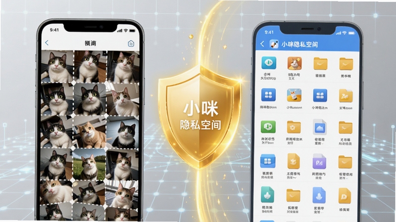 小咪隐私空间文件加密功能展示图,画面左侧为手机中杂乱的相册界面,右侧为小咪隐私空间内整齐排列的加密文件列表,中间用一道金色盾牌光效隔开,背景为浅灰色科技网格,强调数据安全与加密保护效果