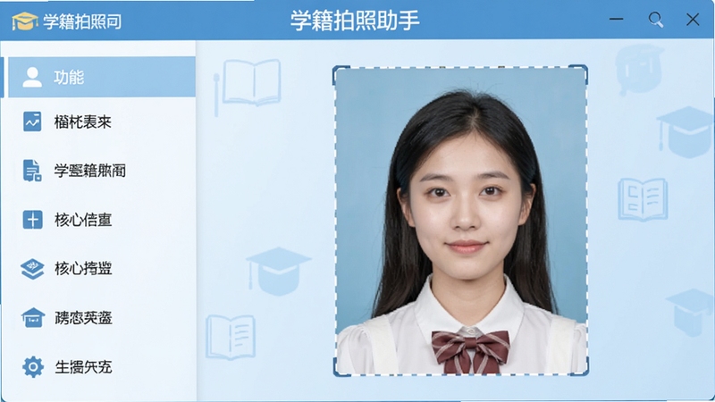 学籍拍照助手主界面截图,展示软件核心功能布局,左侧为功能菜单,右侧为照片预览区,背景为淡蓝色教育风格,界面清晰明亮,软件名称显示在顶部,整体风格专业简洁,适配Boogu模型生成