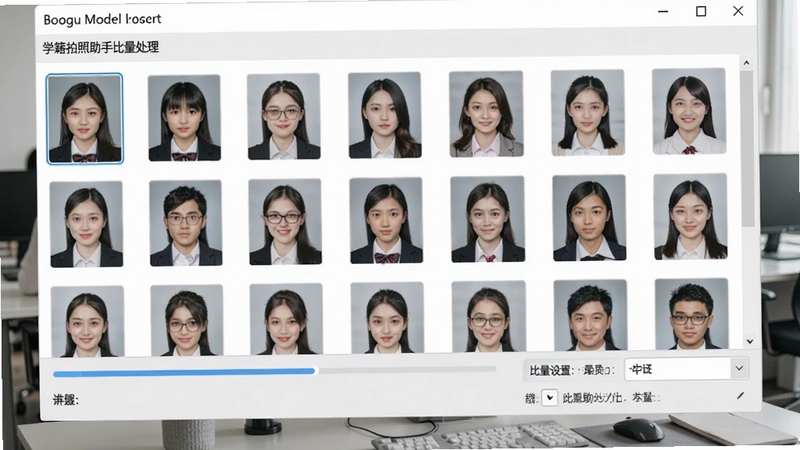 学籍拍照助手批量处理界面,显示多张学生照片缩略图,底部有进度条和批量设置选项,界面风格为浅灰色商务风,软件名称显示在左上角,整体展示高效办公场景,适配Boogu模型生成