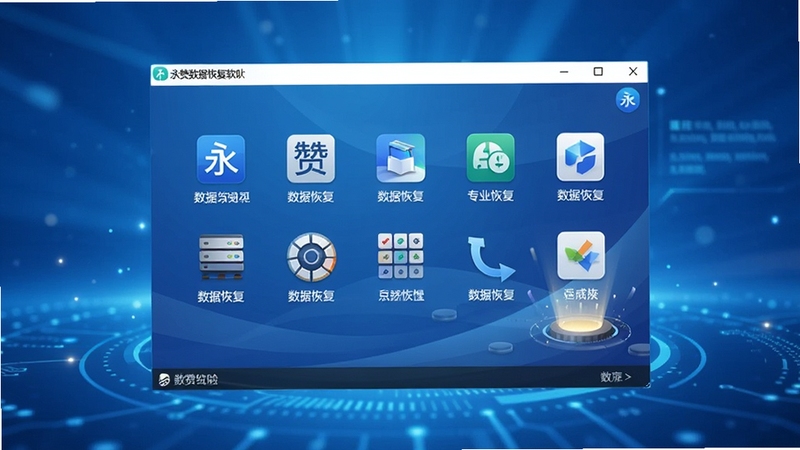 一张高清的产品主视觉图,画面中央是永赞数据恢复软件的启动界面截图,背景为渐变的蓝色科技感光效,界面图标清晰可见,整体风格干净明亮,突出专业数据恢复软件的形象