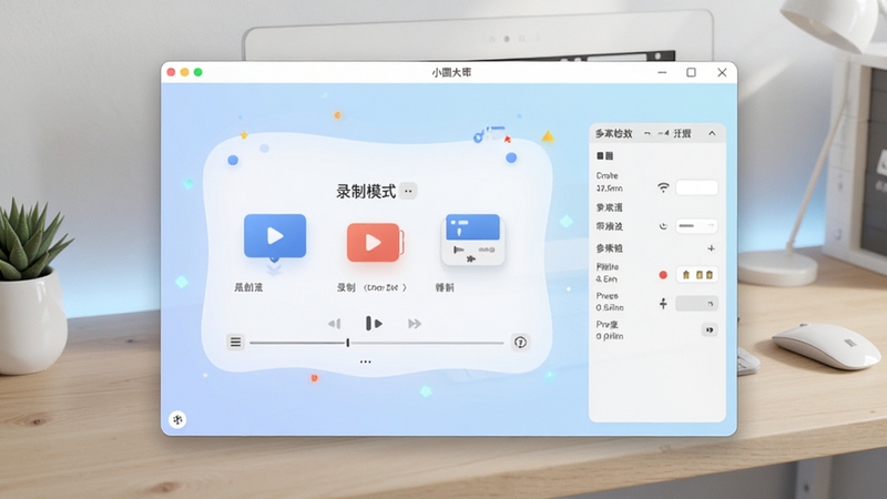 小圆象录屏大师主界面预览图,展示其简洁清晰的软件功能布局,背景为柔和的浅蓝色渐变,界面中央显示录制模式选择区域,右侧为参数设置面板,整体风格现代且专业,画面主体为软件窗口,背景区域呈现干净的工作台面,光线明亮均匀