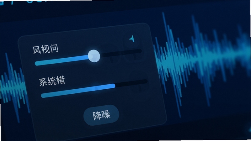 小圆象录屏大师音频设置面板特写,界面显示麦克风音量滑块和系统声音滑块,下方有降噪开关按钮,背景为波形音频动态图,色调为深蓝色科技感风格,突出声音独立控制功能