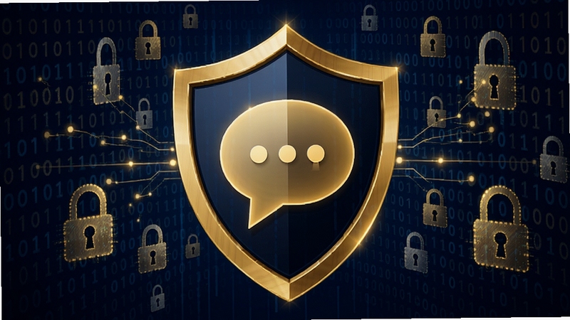 19talk 数据加密安全防护概念图,画面中央是一个被金色盾牌包裹的对话气泡图标,背景由复杂的二进制代码和锁形图案构成,整体色调为深蓝色与金色,突出安全、可靠、专业的视觉感受。