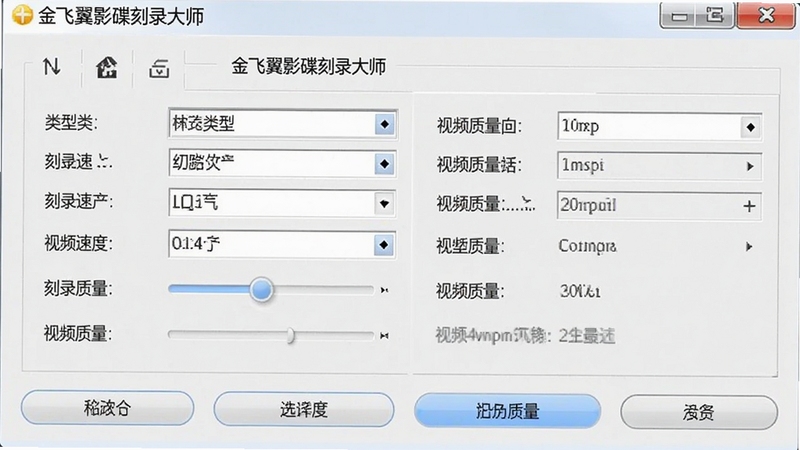 金飞翼影碟刻录大师的刻录设置界面预览图,显示光盘类型选择、刻录速度调节、视频质量选项等参数,界面布局直观,按钮功能明确,背景为浅灰色调,突出软件功能细节。