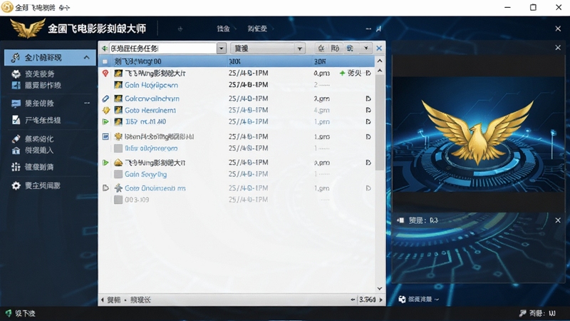一张展示金飞翼影碟刻录大师主界面的高清截图,界面布局清晰,左侧为功能导航栏,中间为刻录任务列表,右侧为预览窗口,背景为深蓝色科技感氛围,整体画面明亮干净,突出软件的易用性与专业性。