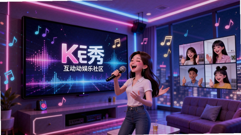 一幅展示K秀互动娱乐社区核心场景的宽幅数字插画,画面中央是一个时尚的虚拟KTV房间,巨大的高清屏幕上显示着K秀互动娱乐社区的LOGO和绚丽的音乐可视化特效,一位年轻女性手持麦克风在屏幕前尽情歌唱,周围环绕着虚拟的霓虹灯光和漂浮的音符元素,右侧有几位好友通过视频窗口在线互动,做出点赞和鼓掌的手势,画面整体色调明亮活泼,充满欢乐的娱乐氛围,背景为带有城市夜景的落地窗,细节丰富,适合作为软件介绍首图。