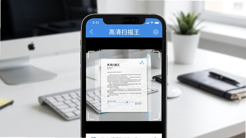 高清扫描王主界面展示,手机屏幕内显示扫描文档的预览效果,背景为整洁的办公桌面,光线明亮,软件名称高清扫描王出现在屏幕上方,界面风格简洁现代,色彩清新,细节丰富