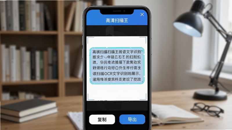 高清扫描王OCR文字识别功能展示,手机屏幕上显示扫描出的文字段落被高亮框选,下方有复制、导出按钮,背景为书架或书桌,软件名称高清扫描王出现在界面顶部,风格简洁,科技感强