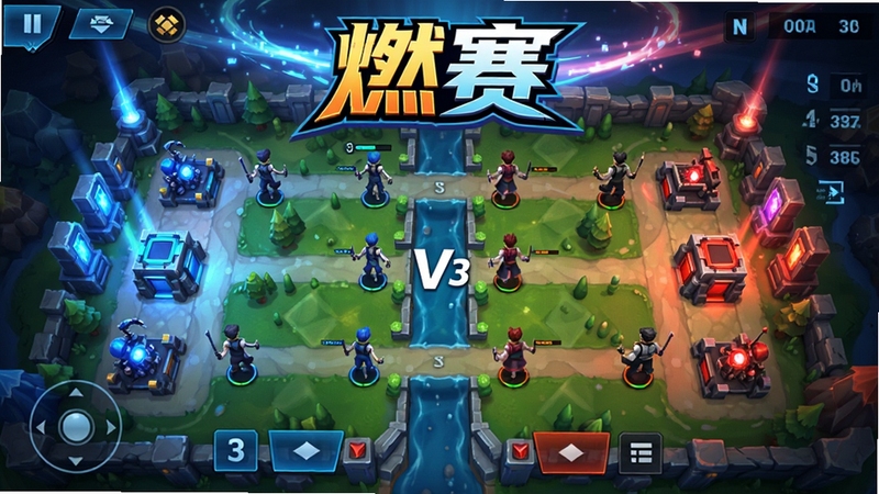 燃赛游戏主界面预览图,画面中央是3V3对战地图俯瞰视角,左右两侧各有一个蓝色和红色的基地,地图上有三条兵线连接,中间是河道区域,整体风格明亮动感,UI按钮清晰,背景带有科技感光效,游戏标题“燃赛”以艺术字形式置于画面上方,适配手机竖屏比例,细节丰富,色彩饱和度高