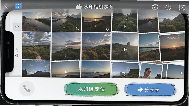 水印相机定位拍图免费软件的照片分享与管理界面,展示照片列表和分享按钮,背景为手机相册风格,操作按钮明显,界面友好