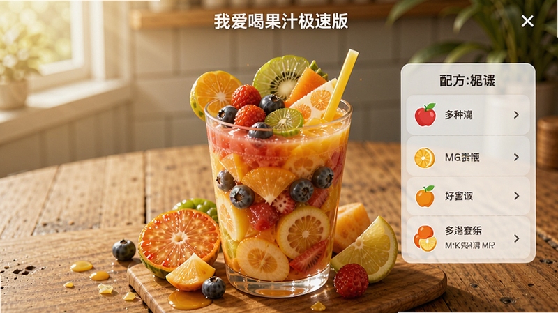 我爱喝果汁极速版配方合成界面,多种水果组合在一起,形成一杯色彩斑斓的果汁,旁边有配方提示,背景为木纹桌面,光线柔和,突出果汁的诱人色泽