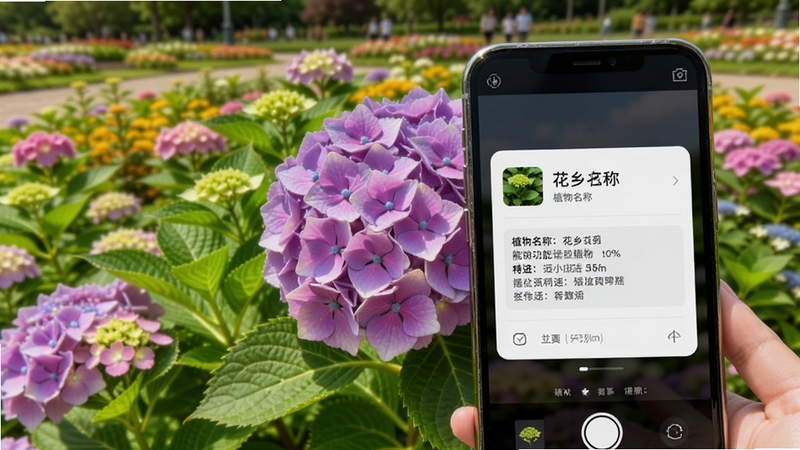 花乡花智能识别功能演示图,手机镜头对准一株紫色绣球花,屏幕弹出识别结果卡片,包含植物名称和特征描述,背景为模糊的公园花坛,光线明亮,色彩鲜艳,突出识别技术的精准与便捷