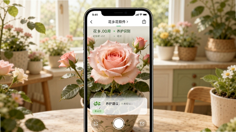 花乡花软件主界面预览图,展示花卉识别功能,画面中央是一盆盛开的玫瑰,手机屏幕显示识别结果和养护建议,背景为温馨明亮的室内花园,整体色调清新自然,光线柔和,突出软件的实用与美观,适配Boogu模型生成