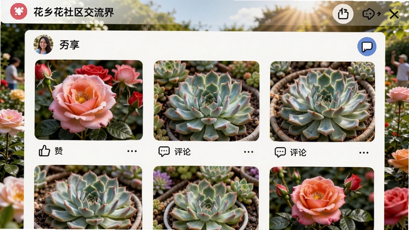 花乡花社区交流界面预览,展示用户分享的花卉照片墙,有鲜艳的月季、多肉植物等,界面布局活泼,点赞评论图标清晰,背景为花园实景,阳光明媚,突出社区的热闹与互动性