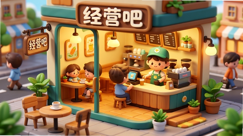 经营吧游戏主界面展示,画面中央是一家温馨的咖啡店,门口挂着“经营吧”招牌,店内暖黄色灯光,有顾客在品尝咖啡,吧台后店员忙碌,整体风格清新卡通,3D渲染,细节丰富,前景是木质桌椅与绿植,背景是街道与行人,横版构图,色彩明亮,适合作为游戏宣传图