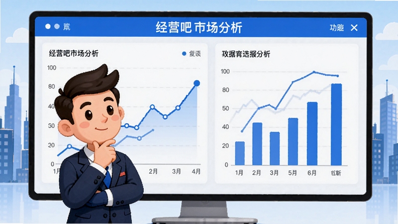 经营吧市场分析界面,展示折线图与柱状图,画面中有卡通商人形象在思考,背景是城市天际线,数据面板清晰可见,整体风格商务而简洁,蓝白配色,适合作为功能说明图